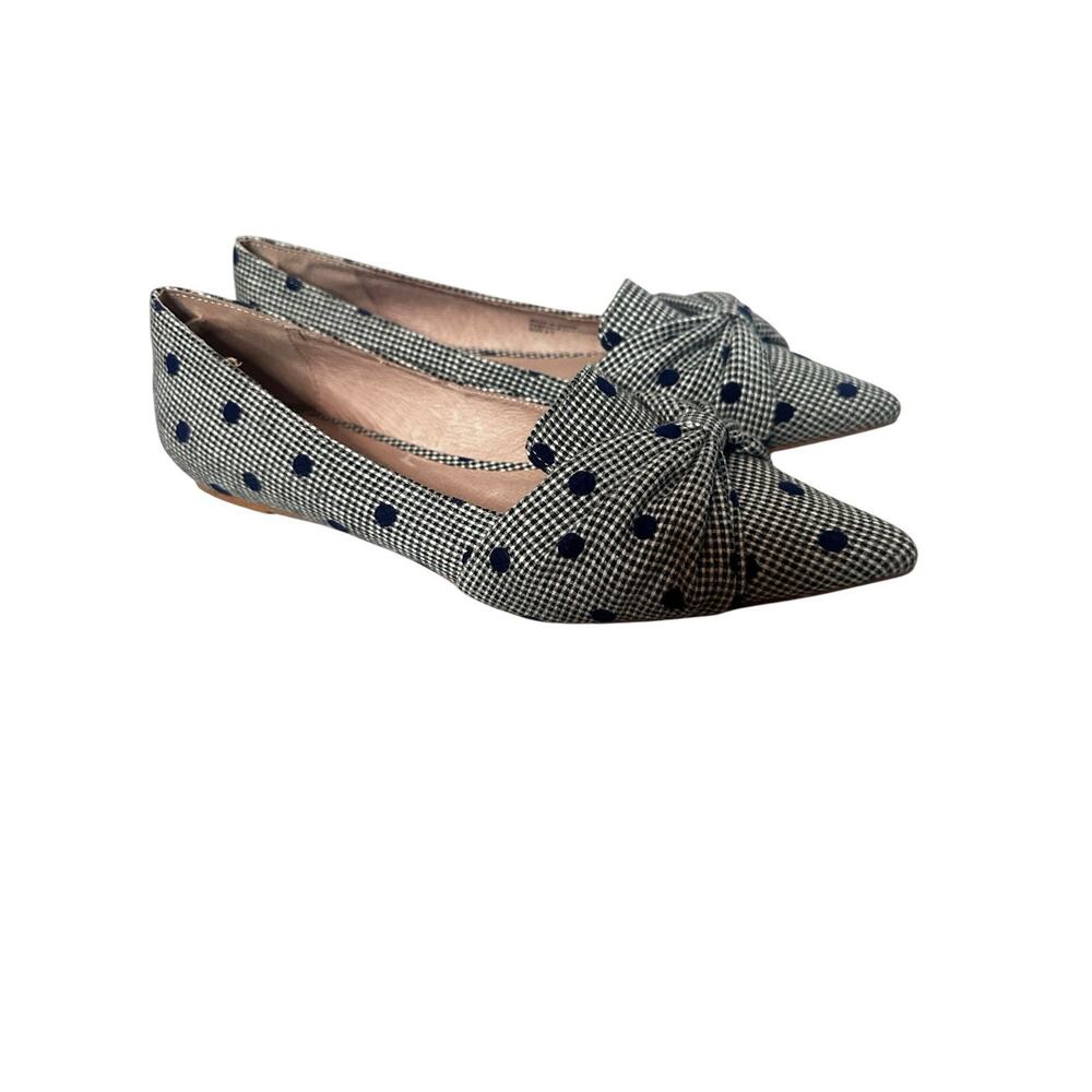 Anthropologie Preppy Navy Polka Dot Gingham Plaid Pointed Toe Knot Bow Flats 9.5